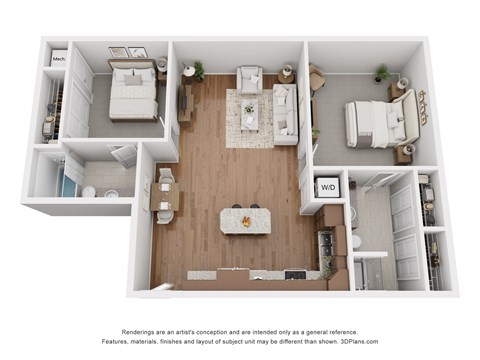 Floor plan for 2 beds, 2 baths, 1049 sqft